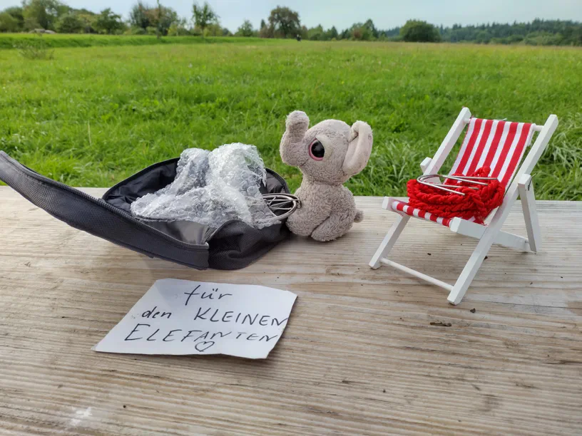 Rechts der Liegestuhl von mir, links das Geschenk, das auf dem Boden liegt, in der Mitte ich, wie ich gerade das Geschenk aus der Verpackung rausziehe. Im Hintergrund ne schöne grüne Wiese.