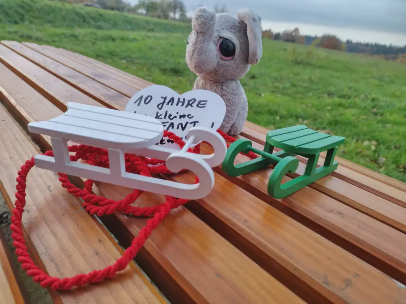 Kleiner Elefant sitzt neben einem weiteren ausgepackten Schlitten.